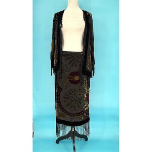 R&K Evening M Silk Burnout Velvet Fringe beaded Skirt & Kimono Whimsygoth Boho
